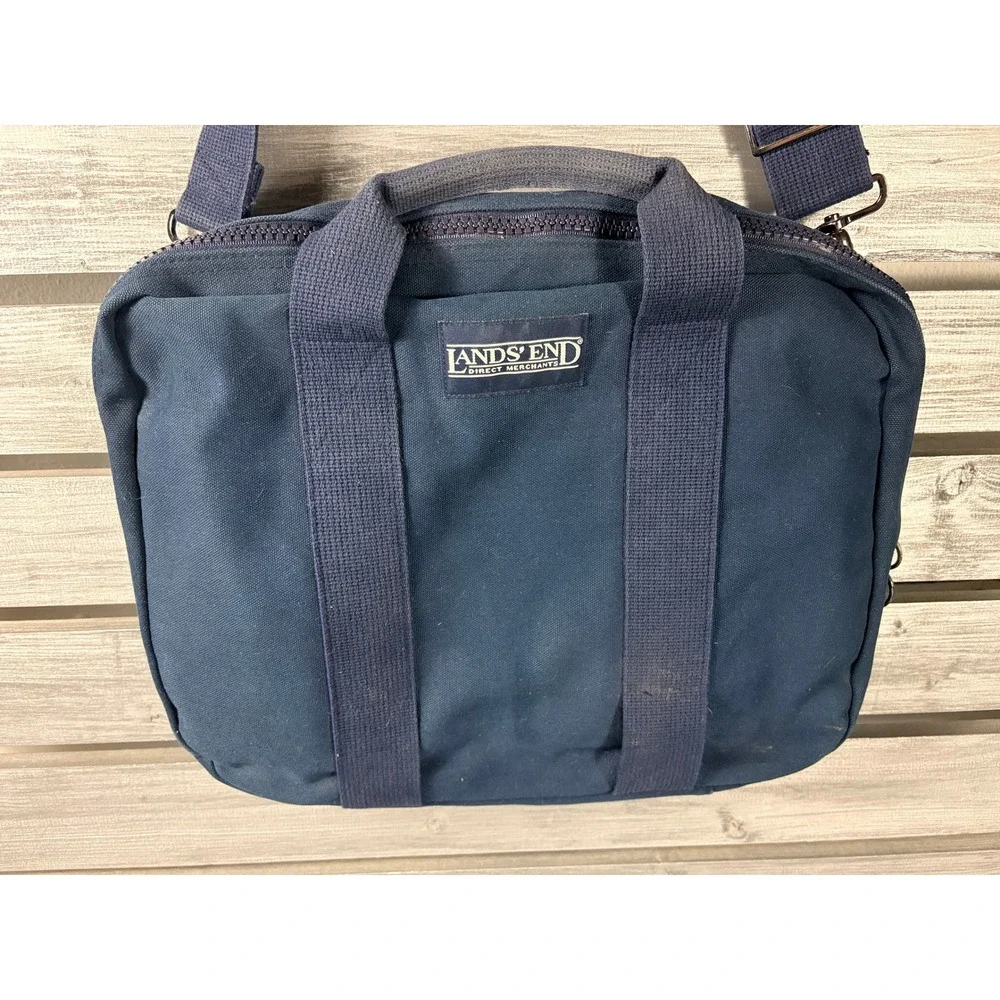 Lands End Vintage Navy Blue Canvas Briefcase Messenger Laptop Bag Made in USA
